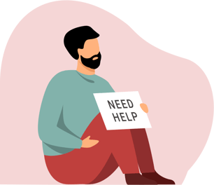 man sitting with help sign graphic